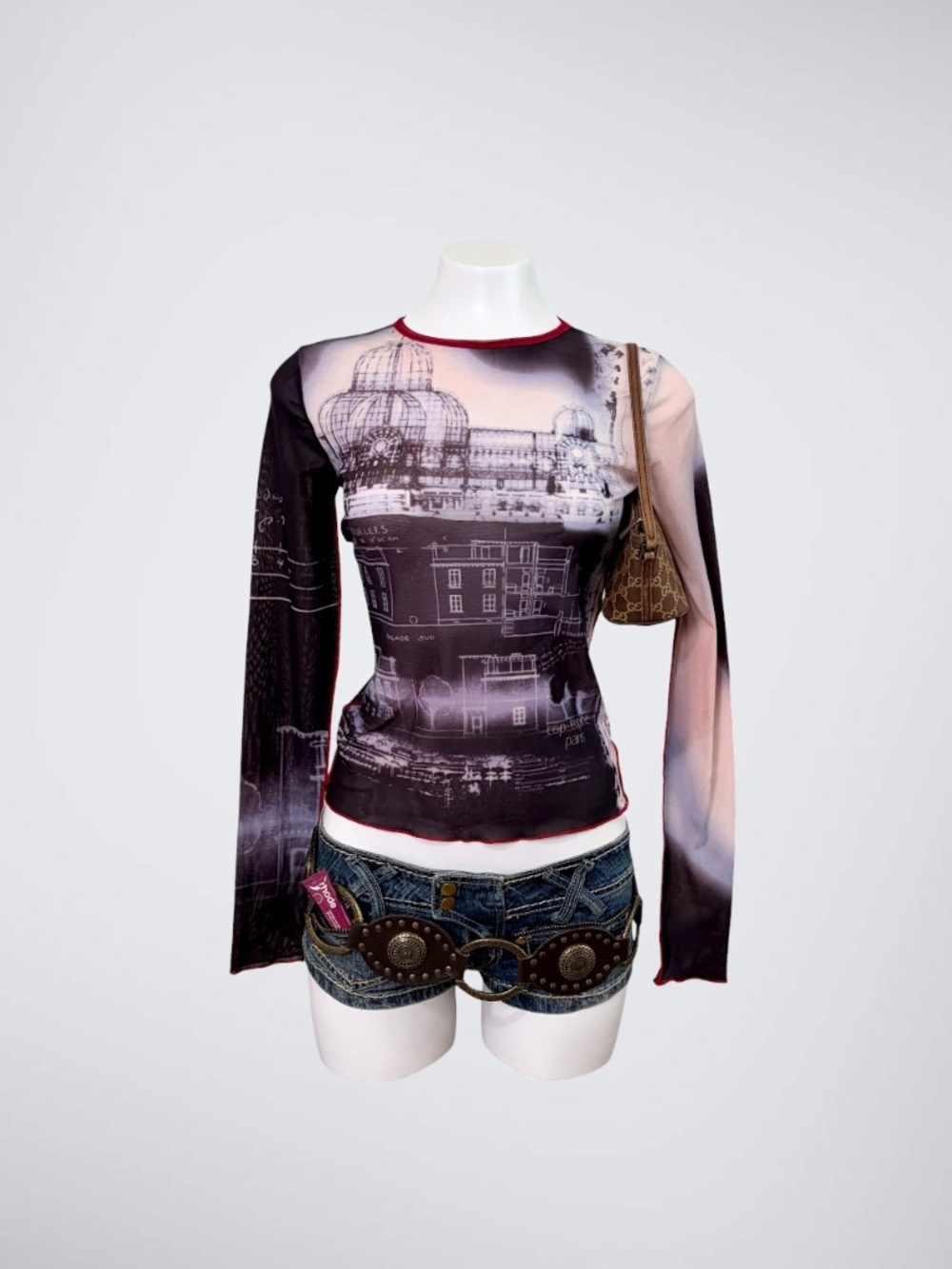 VTG Archive Cop Copine Architecture Blueprint Graphic Print Mesh Long Sleeves To